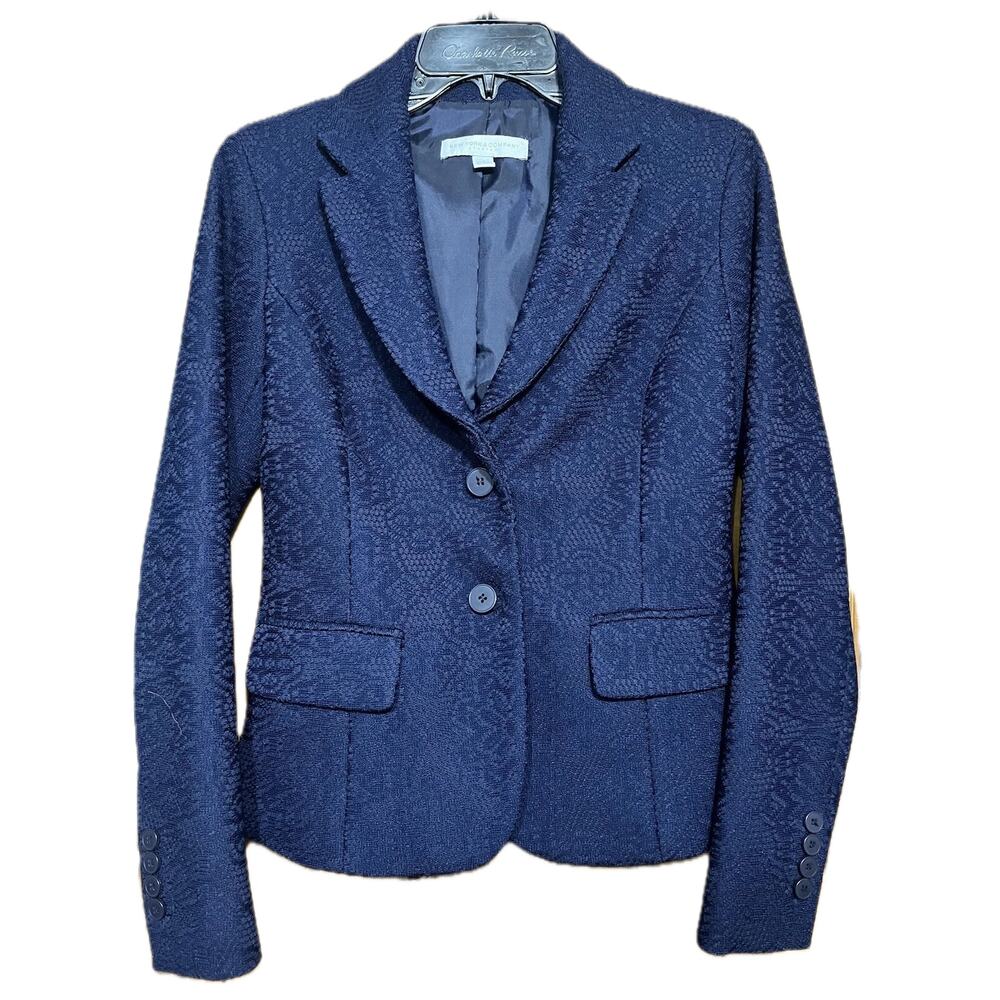 New York & Company Stretch Blazer, Navy Lace Lined Size 0 Button